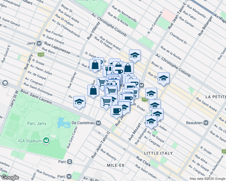 map of restaurants, bars, coffee shops, grocery stores, and more near in Montreal