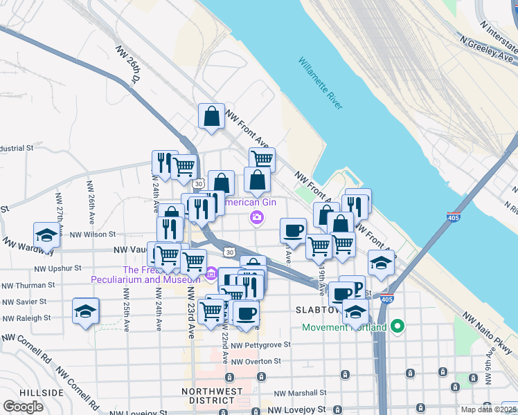 map of restaurants, bars, coffee shops, grocery stores, and more near 2214 Northwest 21st Avenue in Portland