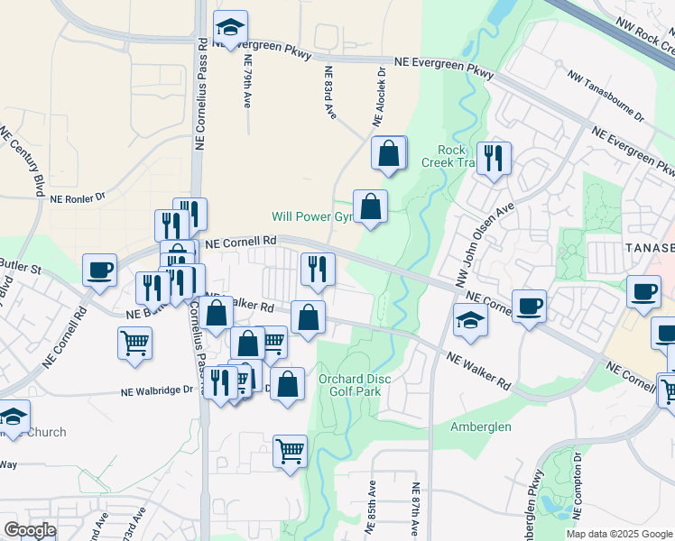 map of restaurants, bars, coffee shops, grocery stores, and more near 2550 NW Aloclek Dr in Hillsboro