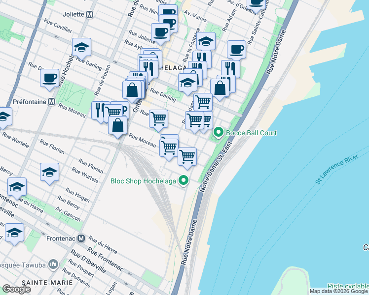 map of restaurants, bars, coffee shops, grocery stores, and more near 1488 Rue Préfontaine in Montréal