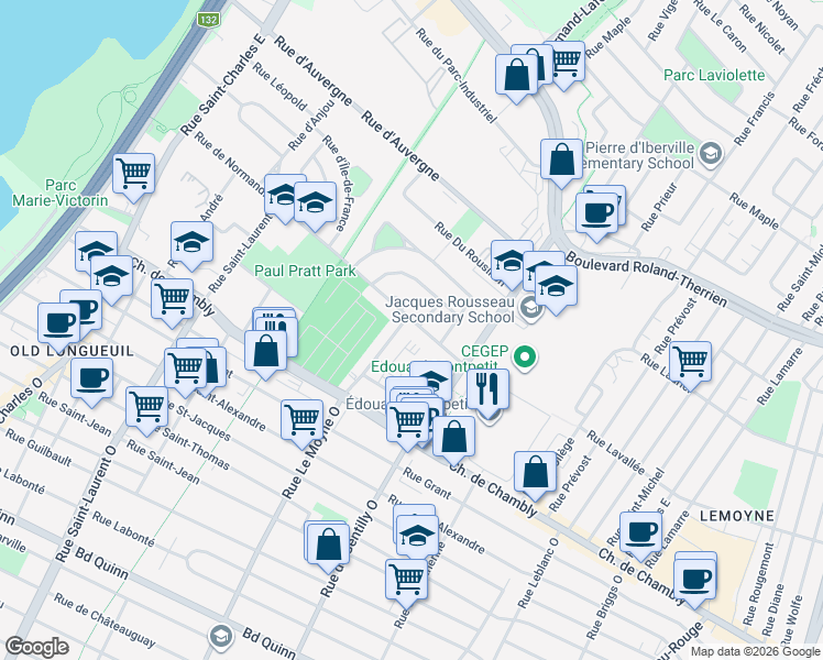map of restaurants, bars, coffee shops, grocery stores, and more near 692 Rue de Normandie in Longueuil