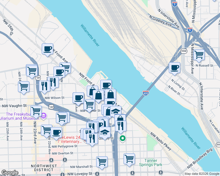 map of restaurants, bars, coffee shops, grocery stores, and more near in Portland