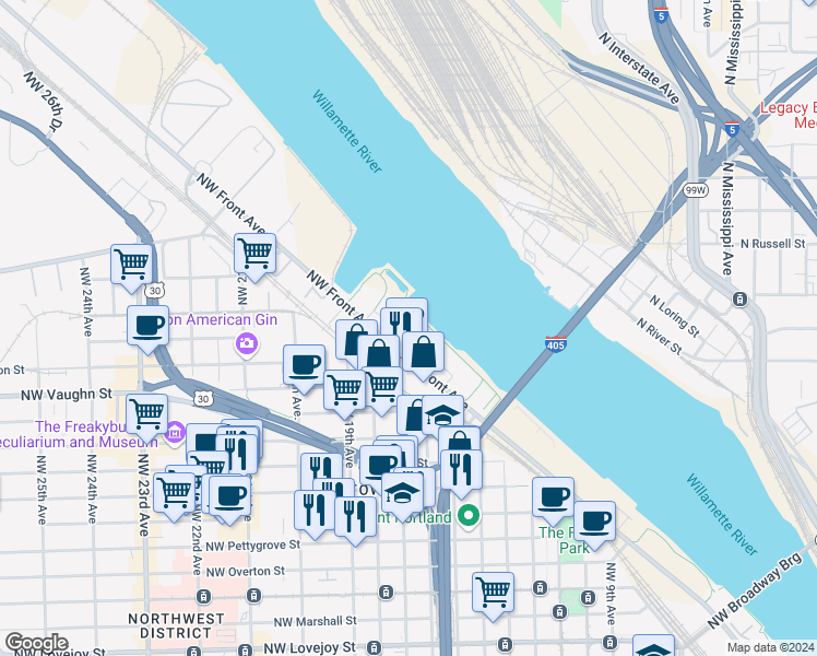 map of restaurants, bars, coffee shops, grocery stores, and more near in Portland