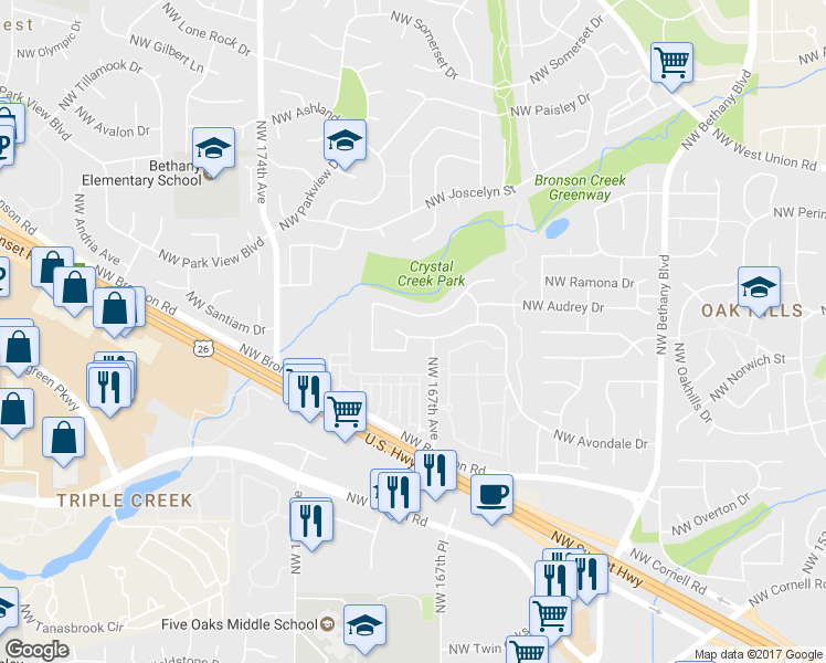map of restaurants, bars, coffee shops, grocery stores, and more near 16802 Northwest Avondale Drive in Beaverton