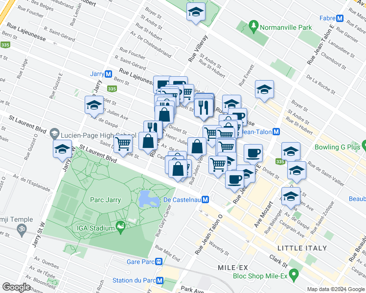 map of restaurants, bars, coffee shops, grocery stores, and more near 7552 Avenue Henri-Julien in Montréal