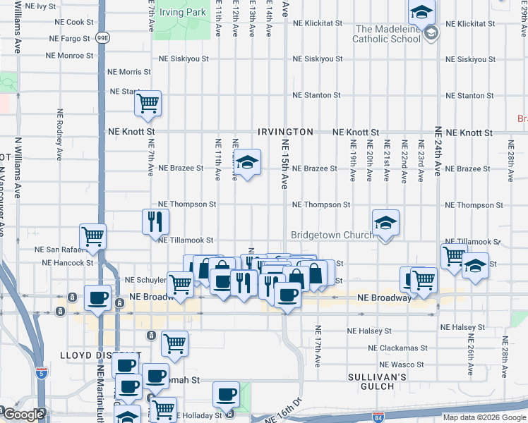 map of restaurants, bars, coffee shops, grocery stores, and more near 2212 Northeast 13th Avenue in Portland