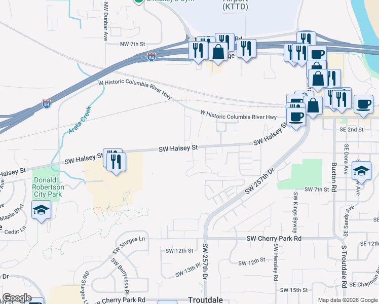 map of restaurants, bars, coffee shops, grocery stores, and more near 1324 Southwest Edgefield Meadows Terrace in Troutdale