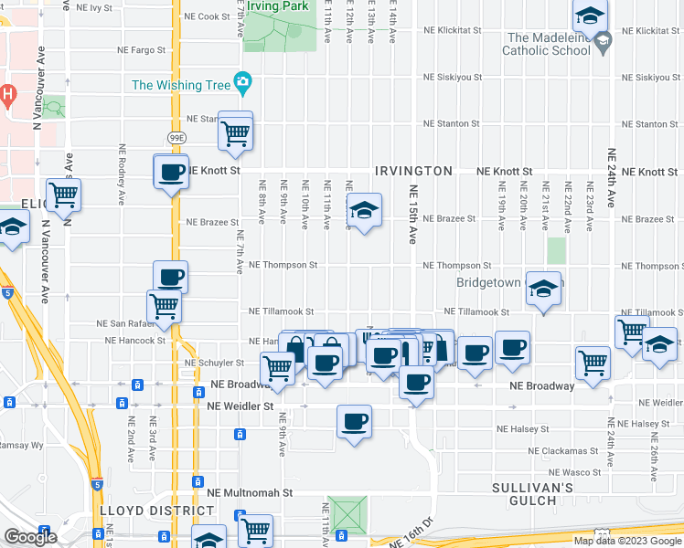map of restaurants, bars, coffee shops, grocery stores, and more near 2226 Northeast 12th Avenue in Portland