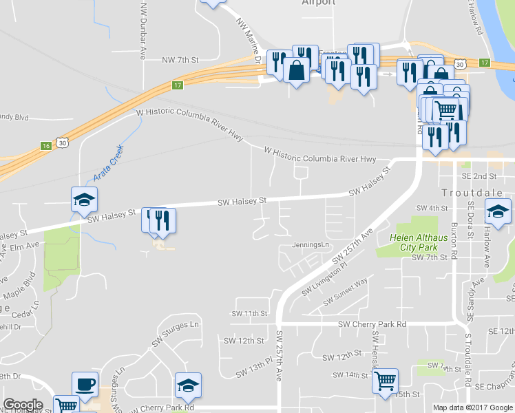 map of restaurants, bars, coffee shops, grocery stores, and more near 1413 Southwest Edgefield Meadows Terrace in Troutdale