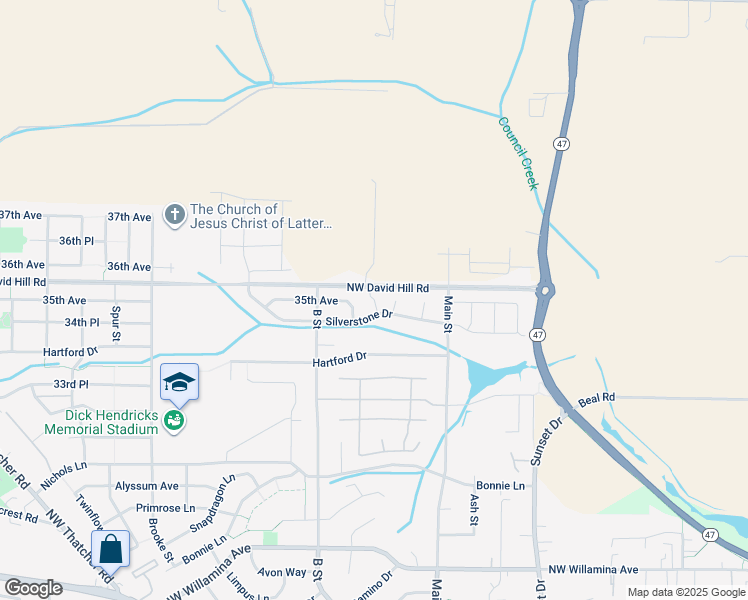 map of restaurants, bars, coffee shops, grocery stores, and more near Hank Court in Forest Grove