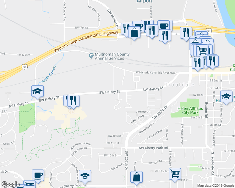 map of restaurants, bars, coffee shops, grocery stores, and more near 1401 Southwest Edgefield Meadows Court in Troutdale