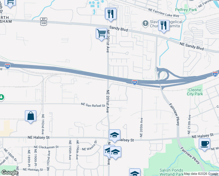 map of restaurants, bars, coffee shops, grocery stores, and more near 20108 Northeast Thompson Street in Fairview