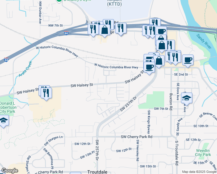 map of restaurants, bars, coffee shops, grocery stores, and more near 1020 Southwest Halsey Street in Troutdale
