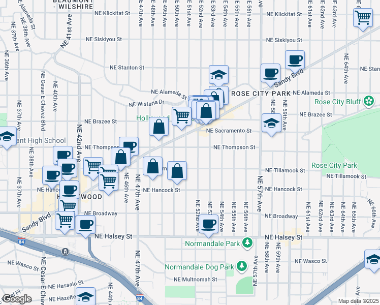 map of restaurants, bars, coffee shops, grocery stores, and more near 2215 Northeast 52nd Avenue in Portland