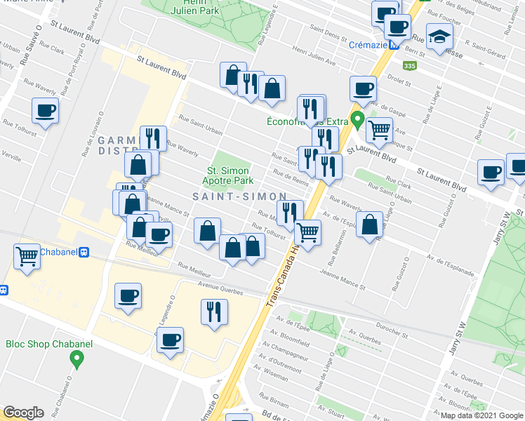 map of restaurants, bars, coffee shops, grocery stores, and more near 8867 Rue Meunier in Montréal