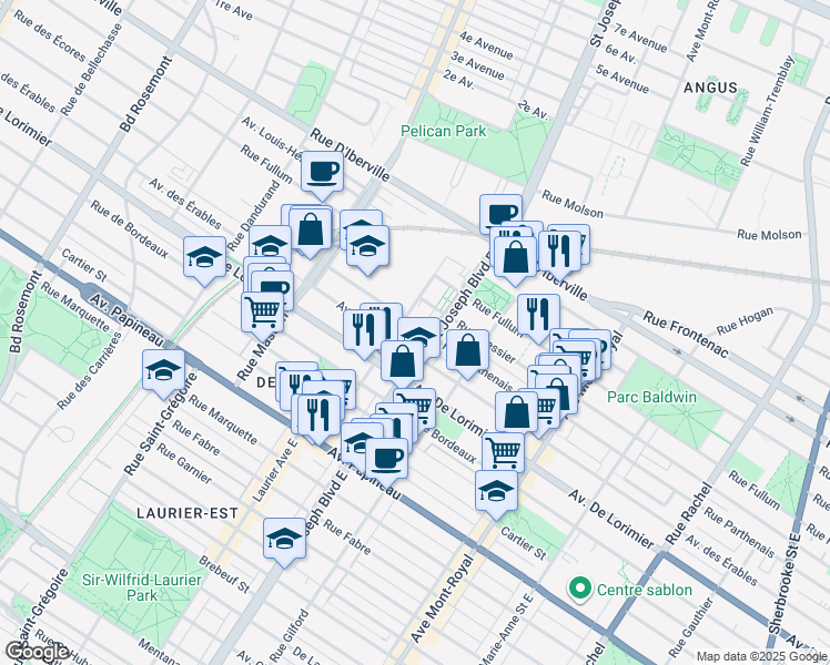 map of restaurants, bars, coffee shops, grocery stores, and more near in Montreal