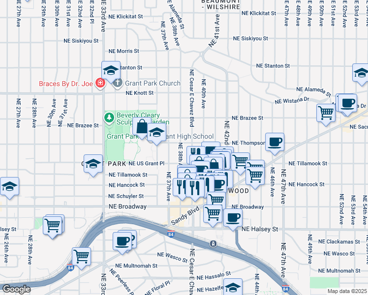 map of restaurants, bars, coffee shops, grocery stores, and more near 2226 Northeast 38th Avenue in Portland