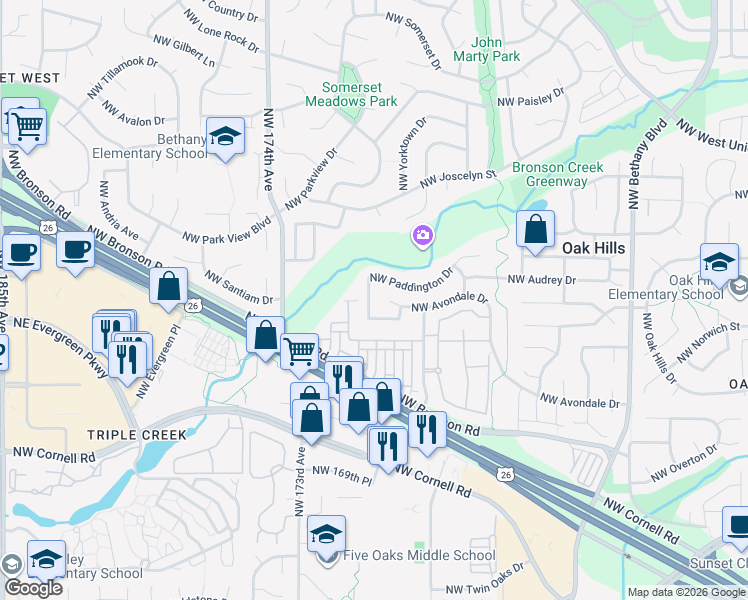 map of restaurants, bars, coffee shops, grocery stores, and more near 16824 Northwest Paddington Drive in Beaverton