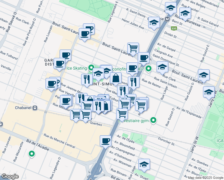 map of restaurants, bars, coffee shops, grocery stores, and more near 8855 Rue Meunier in Montréal