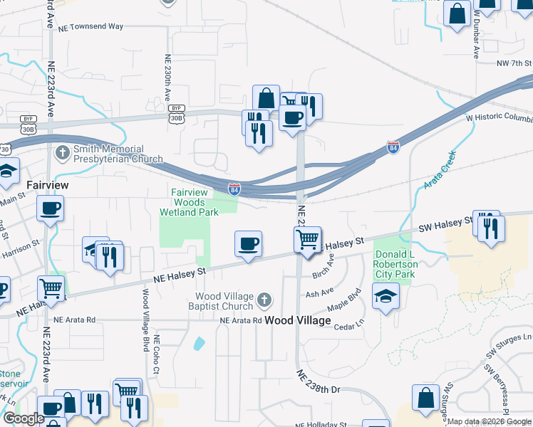 map of restaurants, bars, coffee shops, grocery stores, and more near 23765 Northeast Halsey Street in Wood Village