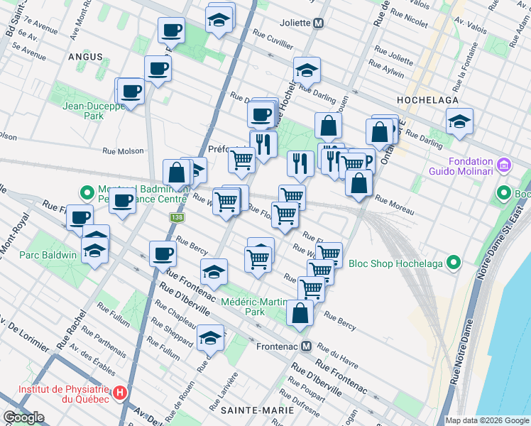 map of restaurants, bars, coffee shops, grocery stores, and more near 2310 Rue Florian in Montréal