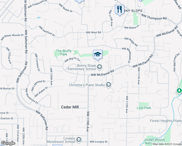 map of restaurants, bars, coffee shops, grocery stores, and more near 11860 Northwest Marylee Court in Portland