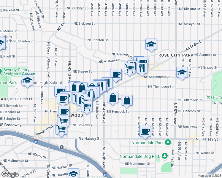 map of restaurants, bars, coffee shops, grocery stores, and more near NE Sandy Blvd & NE 48th Ave in Portland