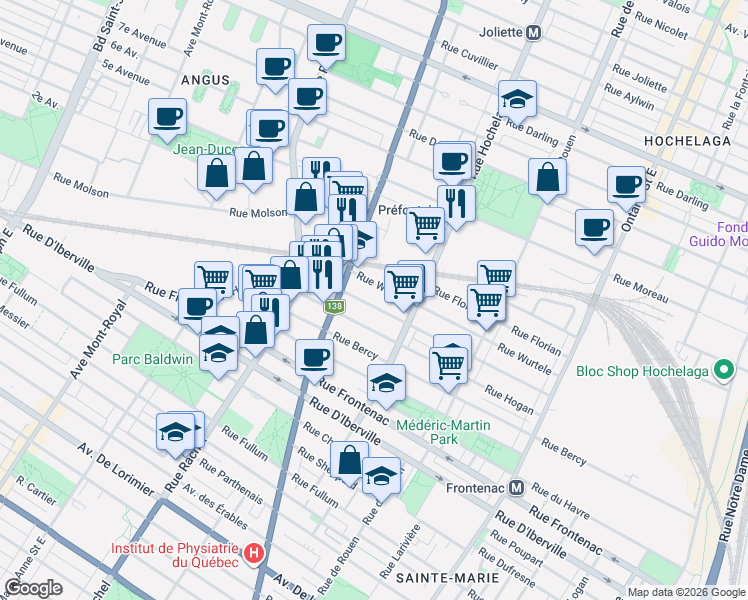 map of restaurants, bars, coffee shops, grocery stores, and more near 2595 Rue Montgomery in Montréal