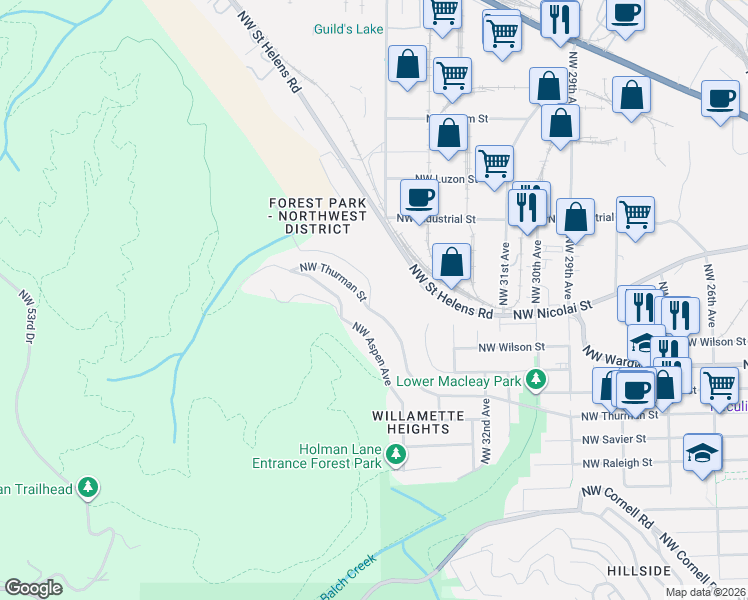 map of restaurants, bars, coffee shops, grocery stores, and more near 3607 Northwest Gordon Street in Portland