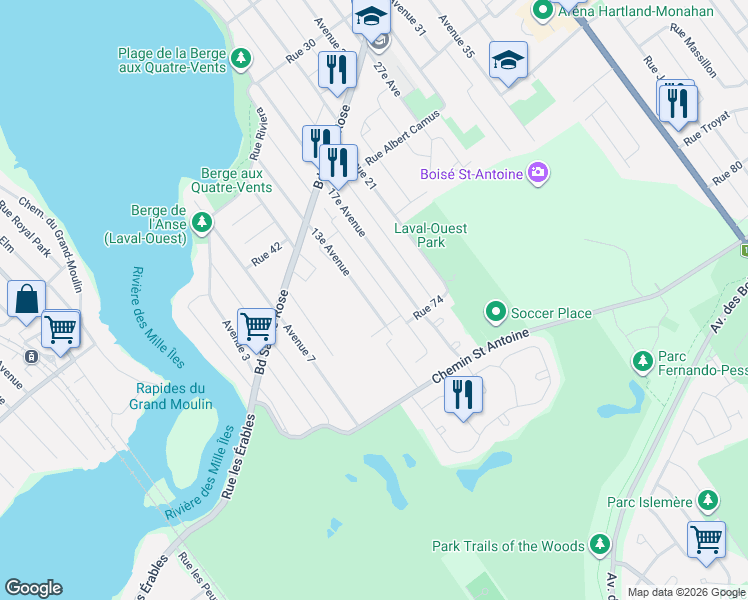 map of restaurants, bars, coffee shops, grocery stores, and more near 7451 13e Avenue in Laval