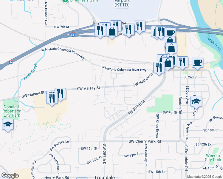 map of restaurants, bars, coffee shops, grocery stores, and more near 1107 Southwest 5th Way in Troutdale