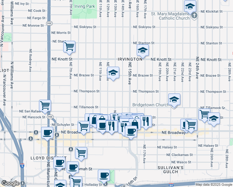 map of restaurants, bars, coffee shops, grocery stores, and more near 2212 Northeast 13th Avenue in Portland