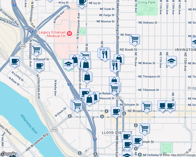 map of restaurants, bars, coffee shops, grocery stores, and more near 41 Northeast Tillamook Street in Portland