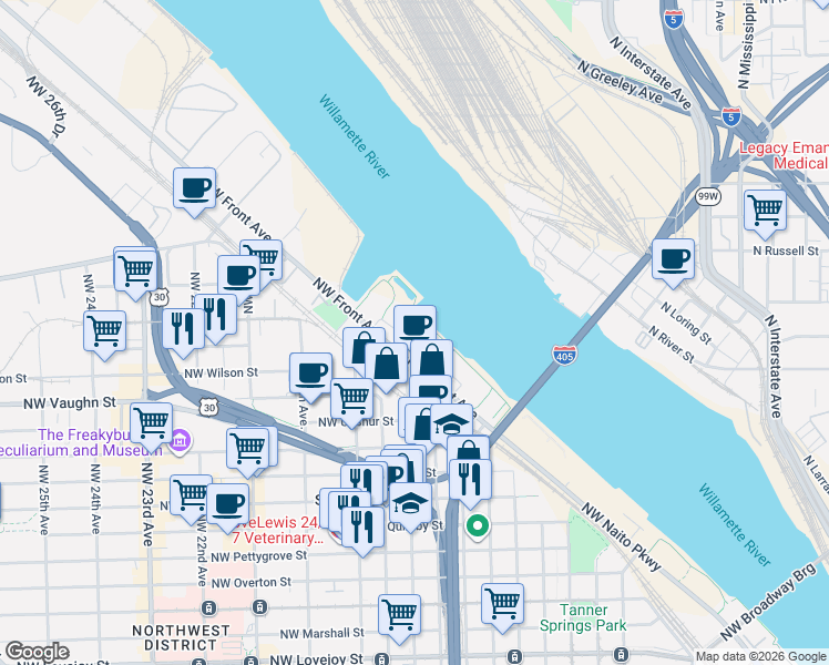 map of restaurants, bars, coffee shops, grocery stores, and more near in Portland