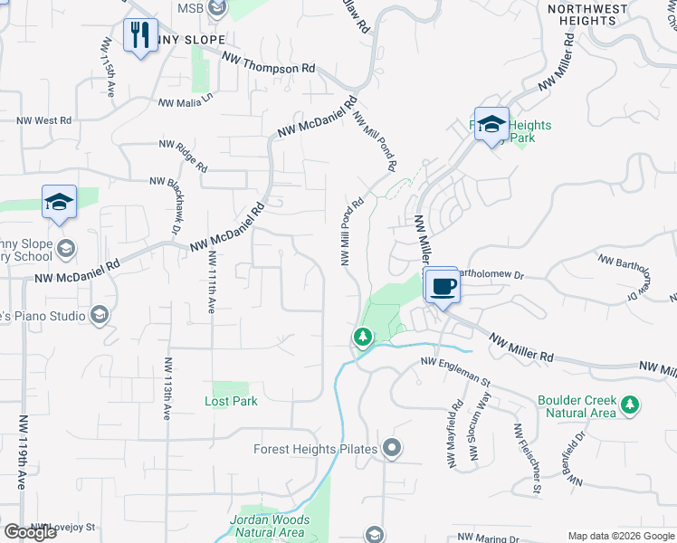 map of restaurants, bars, coffee shops, grocery stores, and more near 2121 Northwest Mill Pond Road in Portland