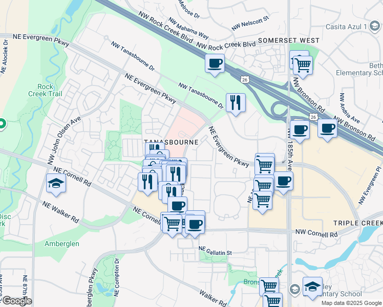 map of restaurants, bars, coffee shops, grocery stores, and more near 16 Tanasbourne Terrace in Hillsboro