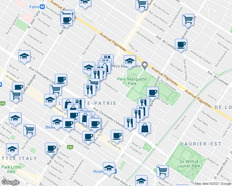 map of restaurants, bars, coffee shops, grocery stores, and more near 6258 Rue Chambord in Montréal