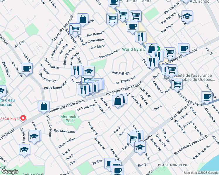 map of restaurants, bars, coffee shops, grocery stores, and more near 1015 Rue Dover in Laval