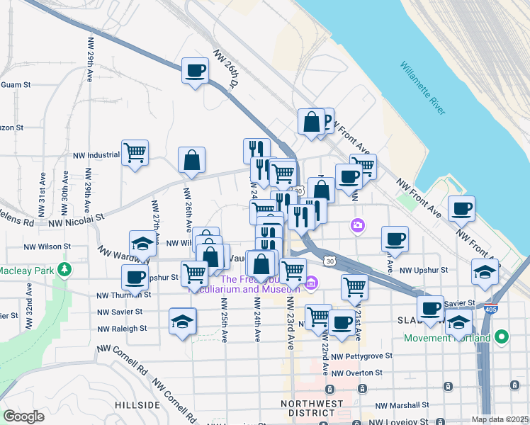 map of restaurants, bars, coffee shops, grocery stores, and more near 2303 Northwest 24th Avenue in Portland