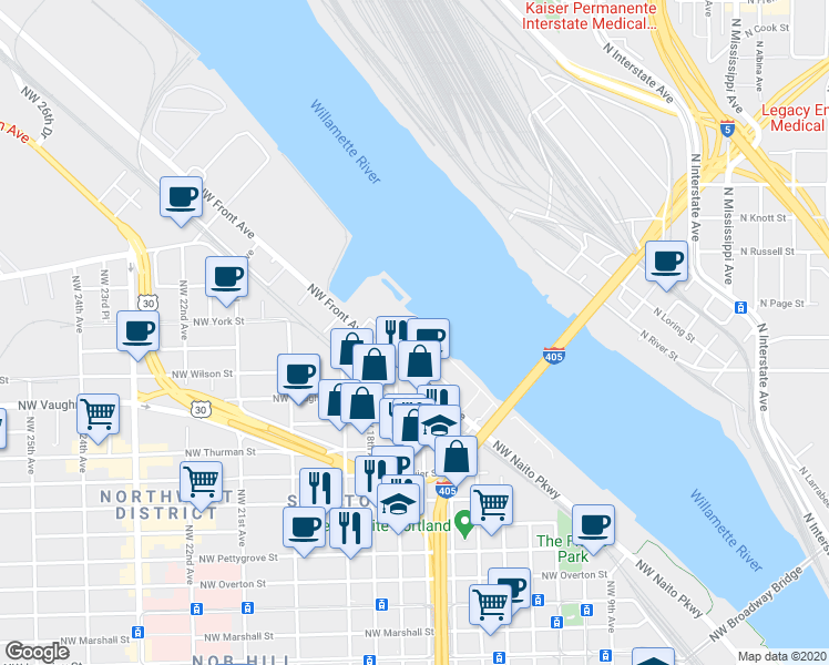 map of restaurants, bars, coffee shops, grocery stores, and more near 1714 Northwest Riverscape Street in Portland