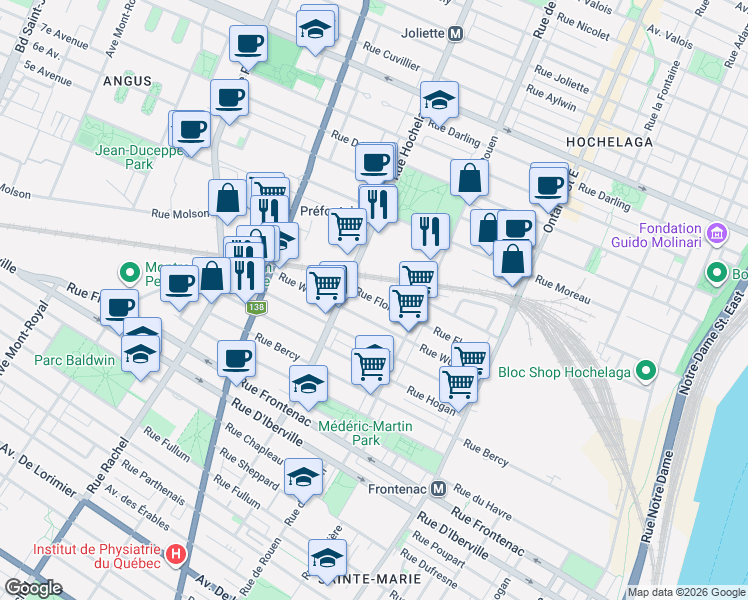 map of restaurants, bars, coffee shops, grocery stores, and more near 2402 Rue Florian in Montréal