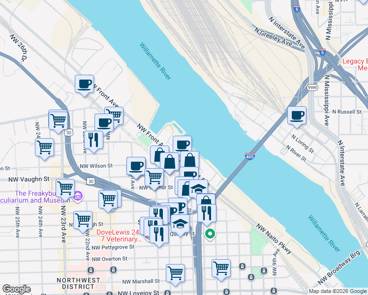 map of restaurants, bars, coffee shops, grocery stores, and more near 1726 Northwest Riverscape Street in Portland