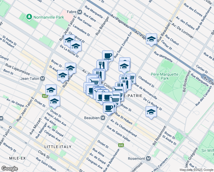 map of restaurants, bars, coffee shops, grocery stores, and more near 6640 Christophe Colomb Avenue in Montreal