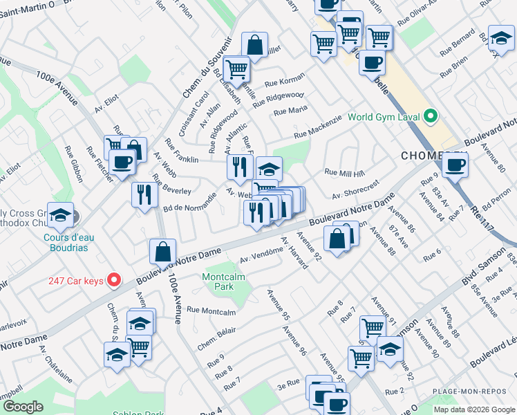 map of restaurants, bars, coffee shops, grocery stores, and more near 1046 Boulevard Élisabeth in Laval