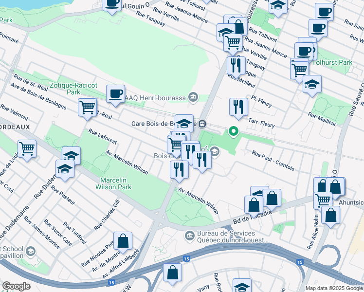 map of restaurants, bars, coffee shops, grocery stores, and more near 10755 Rue de Saint Real in Montréal