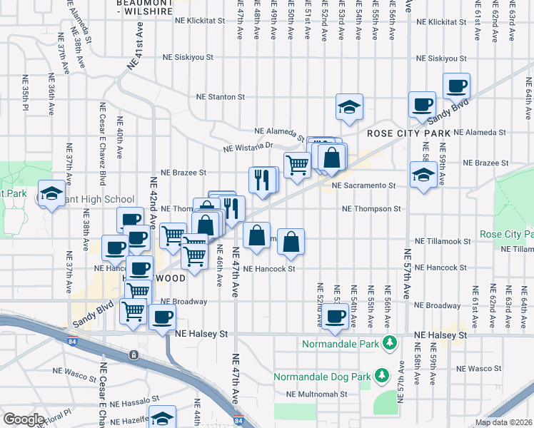 map of restaurants, bars, coffee shops, grocery stores, and more near 2205a Northeast 49th Avenue in Portland