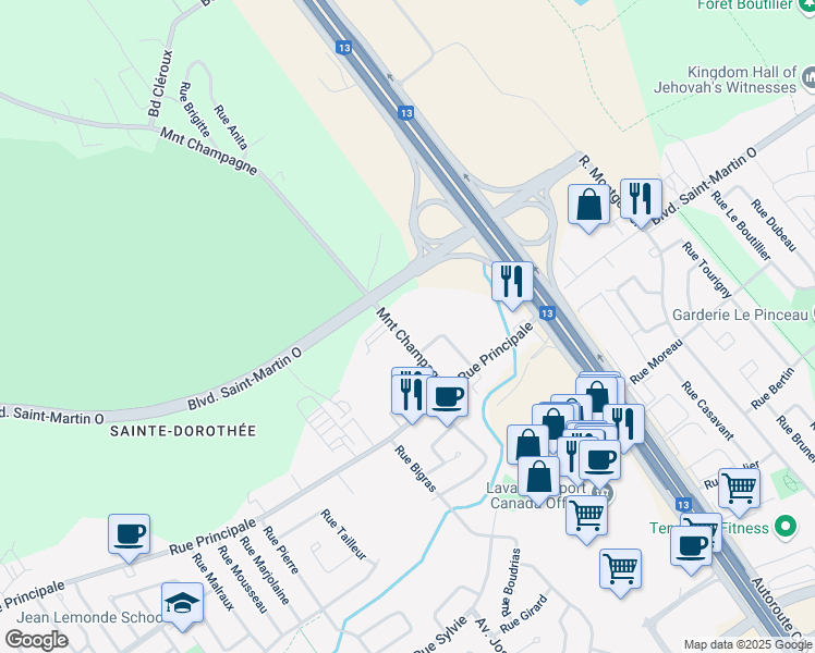 map of restaurants, bars, coffee shops, grocery stores, and more near 991 Montée Champagne in Laval