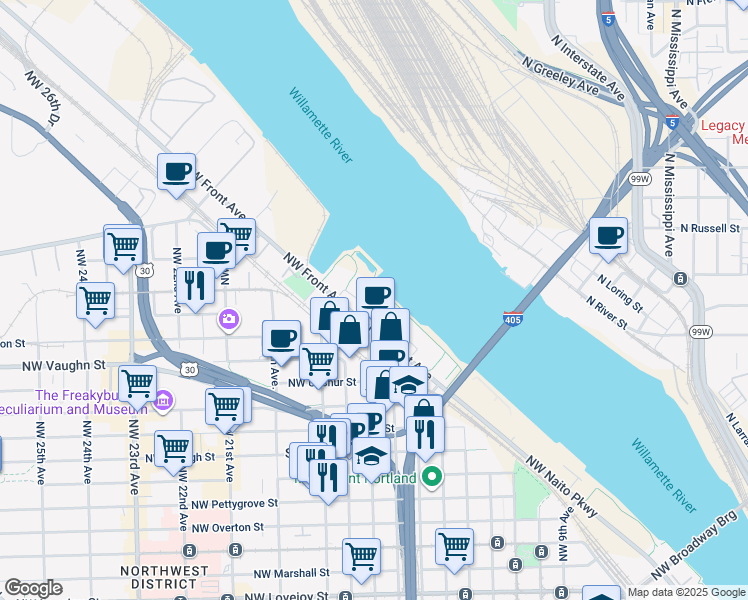 map of restaurants, bars, coffee shops, grocery stores, and more near 1702 Northwest Riverscape Street in Portland