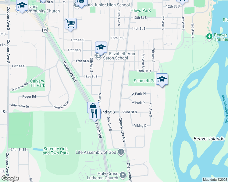 map of restaurants, bars, coffee shops, grocery stores, and more near 1937 Clearwater Road in St. Cloud