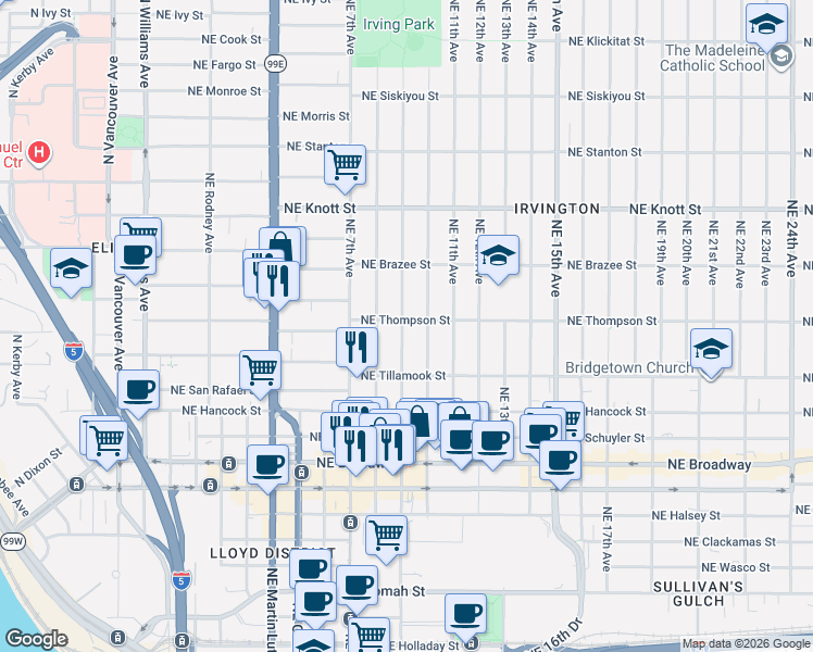 map of restaurants, bars, coffee shops, grocery stores, and more near 2218 Northeast 9th Avenue in Portland